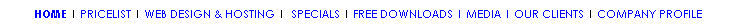 Text Box: HOME | PRICELIST | WEB DESIGN & HOSTING |&nbsp; SPECIALS | FREE DOWNLOADS | MEDIA | OUR CLIENTS | COMPANY PROFILE
